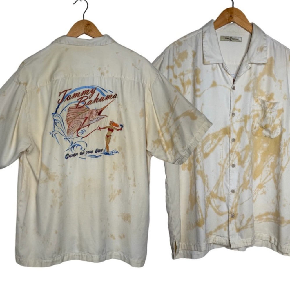 Vtg Tommy Bahama Silk Shirt L Catch Of The‎ Day Marlin Hula Resort Wear Hawaiian